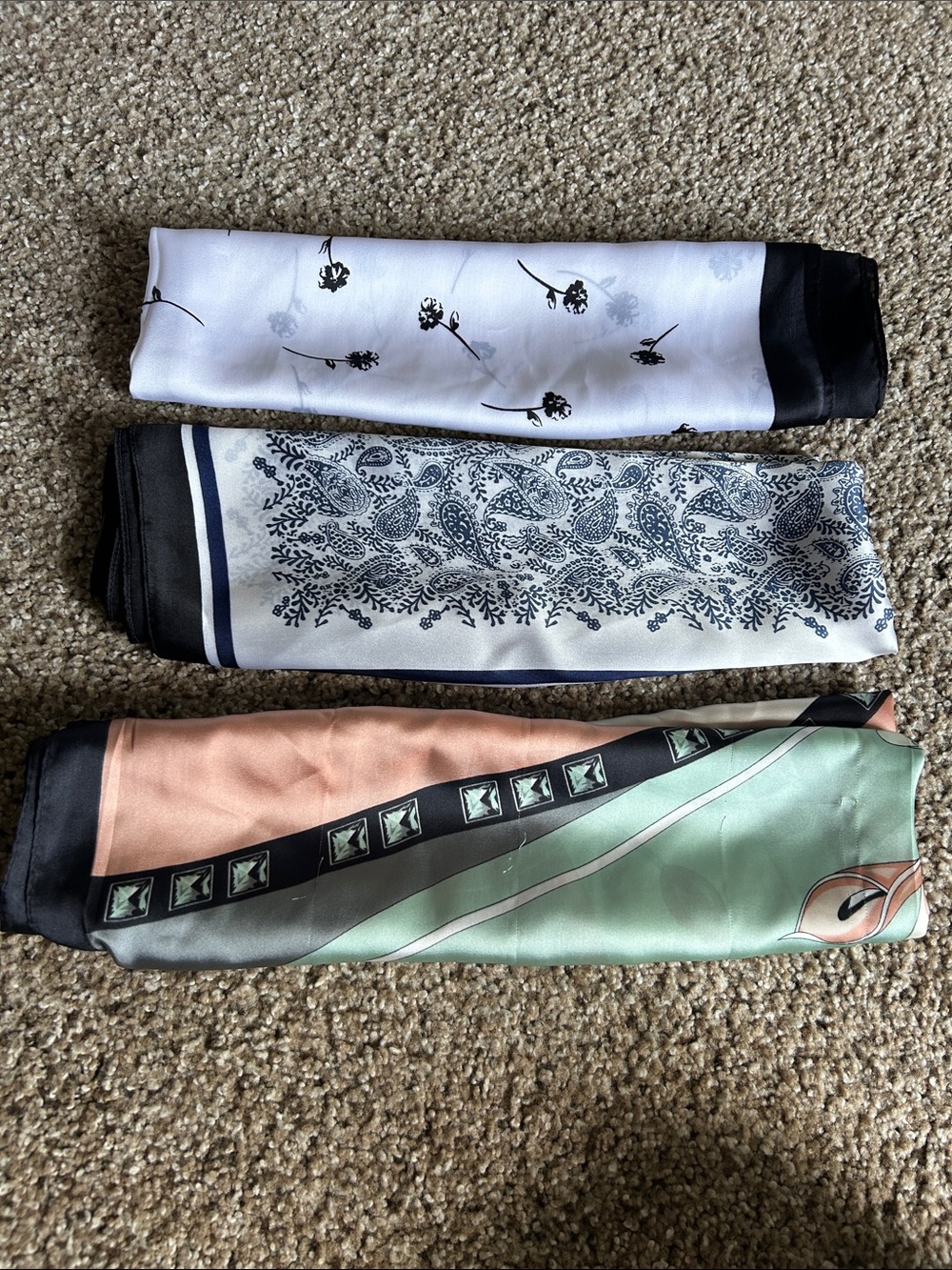 Set of 3 Printed Silk-Look Scarves — White, Navy & Pastel Green-Peach
